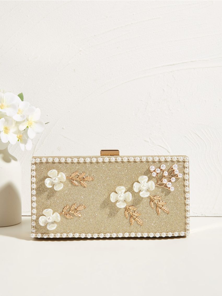Mini Glitter Flower & Faux Pearl Decor Box Bag
