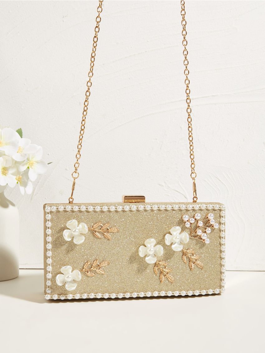 Mini Glitter Flower & Faux Pearl Decor Box Bag