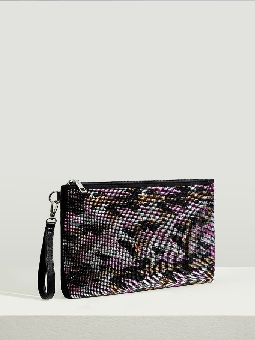 Random Graphic Rhinestone Decor Faux Suede Square Bag