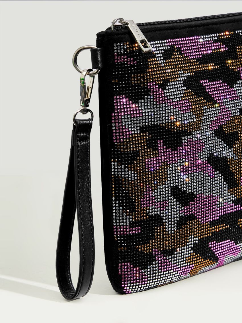 Random Graphic Rhinestone Decor Faux Suede Square Bag