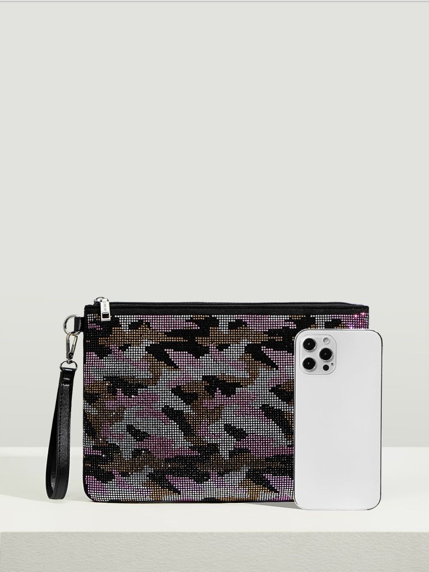 Random Graphic Rhinestone Decor Faux Suede Square Bag