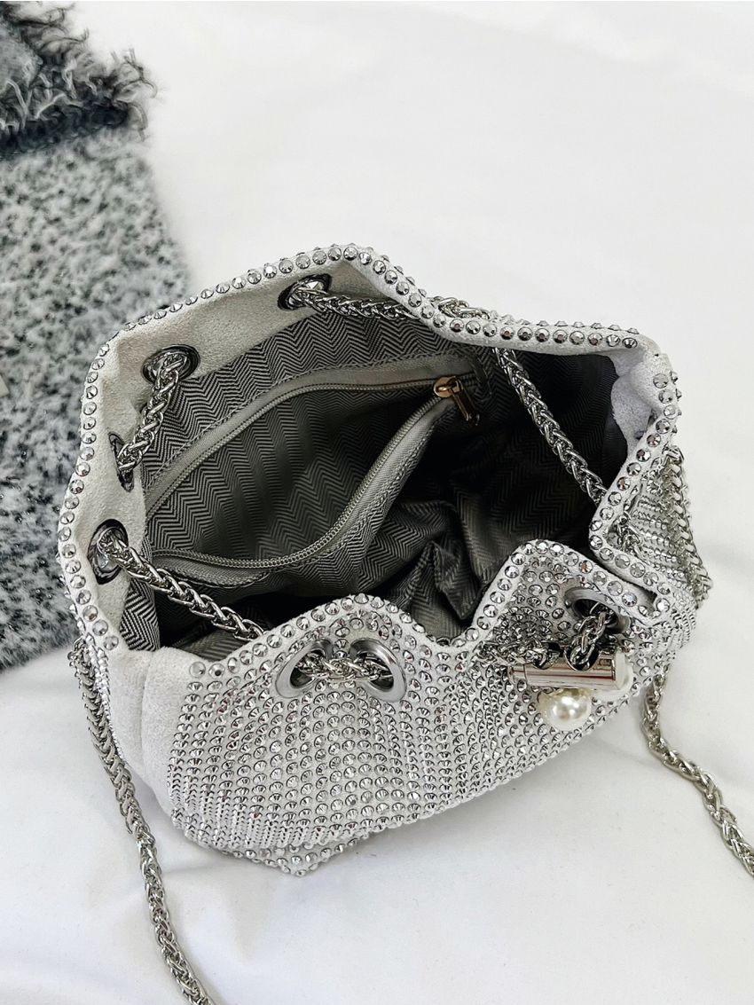 Mini Rhinestone Decor Drawstring Design Chain Bucket Bag
