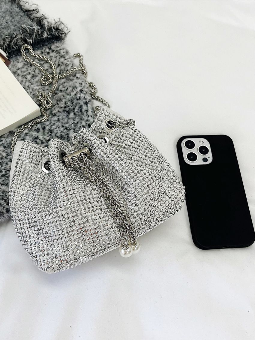 Mini Rhinestone Decor Drawstring Design Chain Bucket Bag