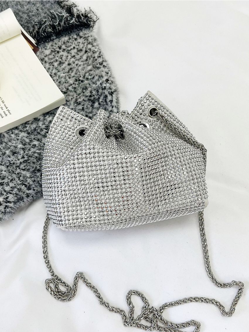 Mini Rhinestone Decor Drawstring Design Chain Bucket Bag