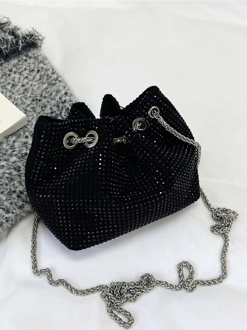 Mini Rhinestone & Faux Pearl Decor Drawstring Design Chain Bucket Bag