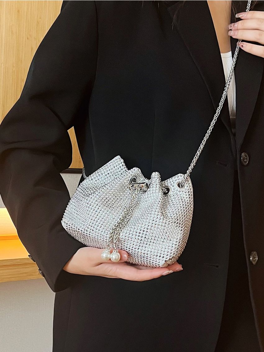 Mini Rhinestone Decor Drawstring Design Chain Bucket Bag