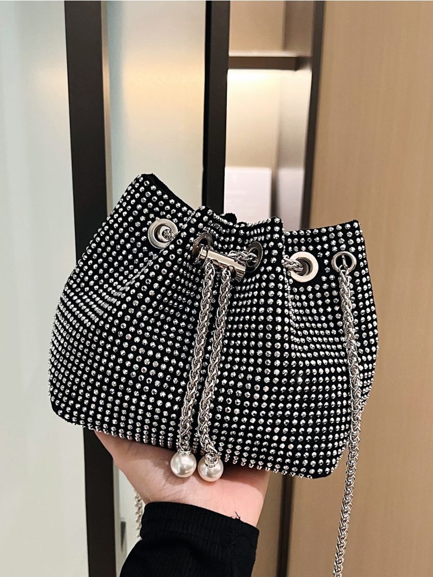 Mini Rhinestone Decor Drawstring Design Chain Bucket Bag