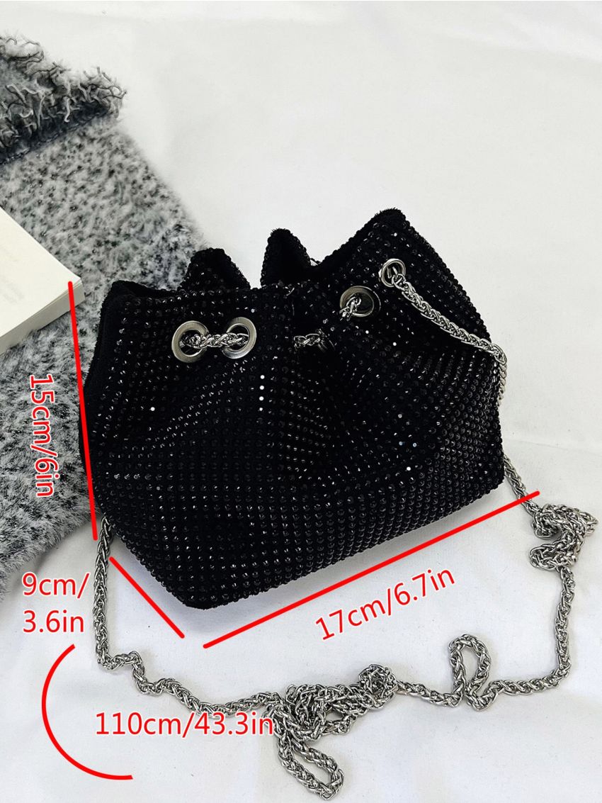 Mini Rhinestone & Faux Pearl Decor Drawstring Design Chain Bucket Bag