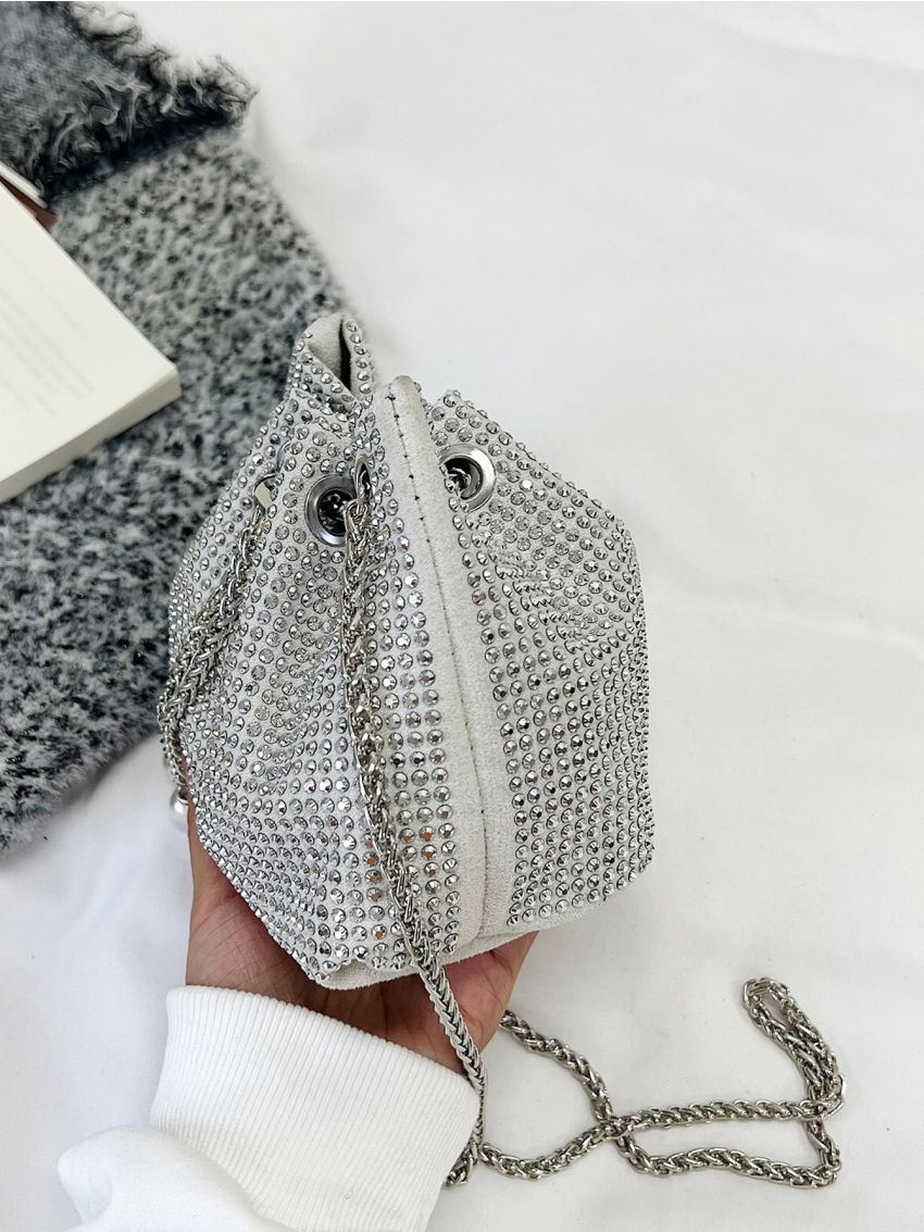 Mini Rhinestone Decor Drawstring Design Chain Bucket Bag
