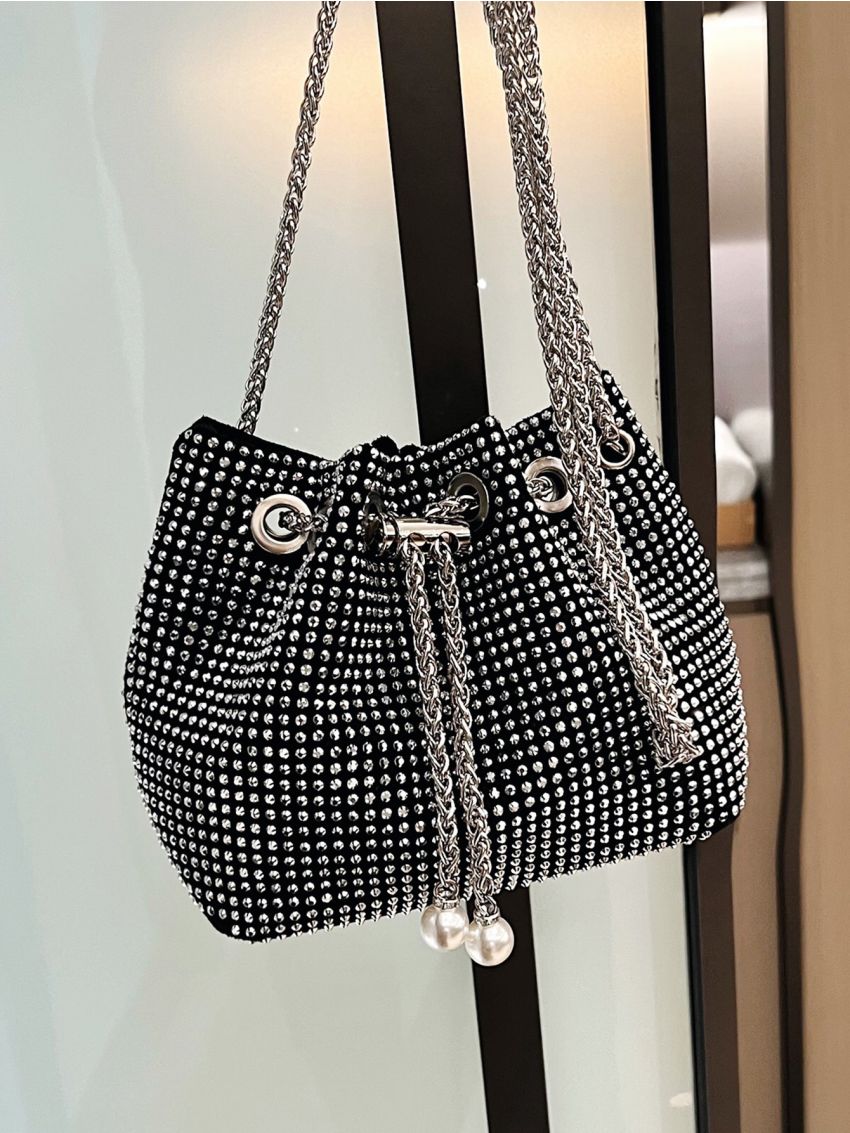 Mini Rhinestone Decor Drawstring Design Chain Bucket Bag