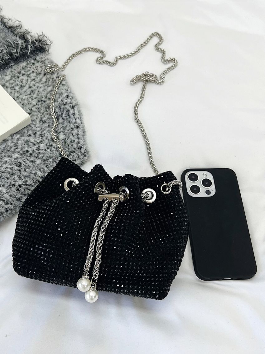 Mini Rhinestone & Faux Pearl Decor Drawstring Design Chain Bucket Bag