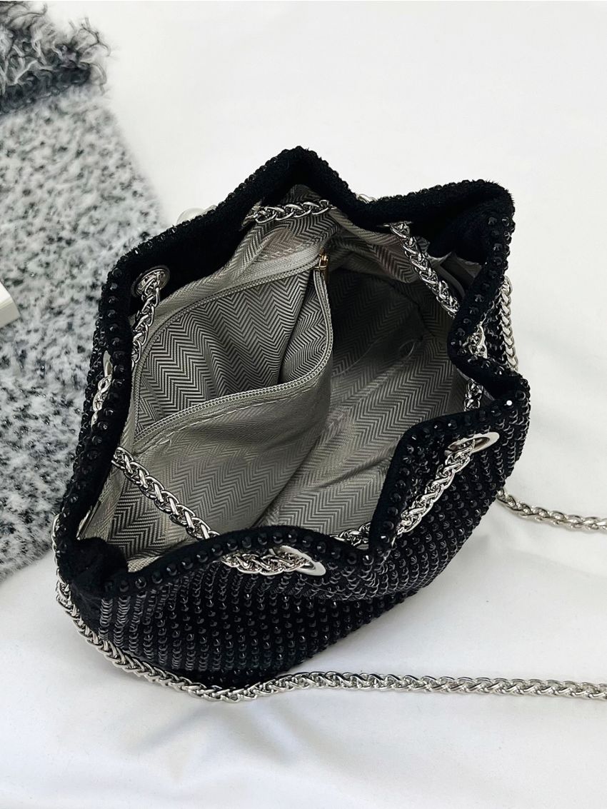 Mini Rhinestone & Faux Pearl Decor Drawstring Design Chain Bucket Bag