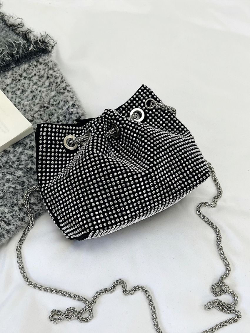 Mini Rhinestone Decor Drawstring Design Chain Bucket Bag