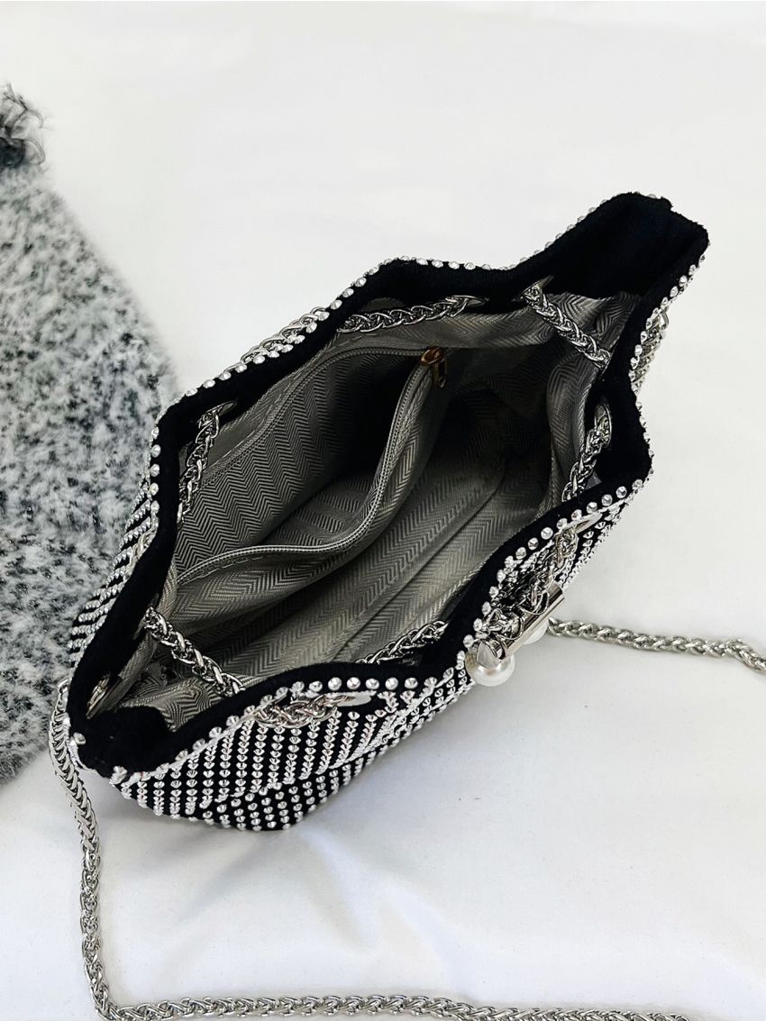 Mini Rhinestone Decor Drawstring Design Chain Bucket Bag