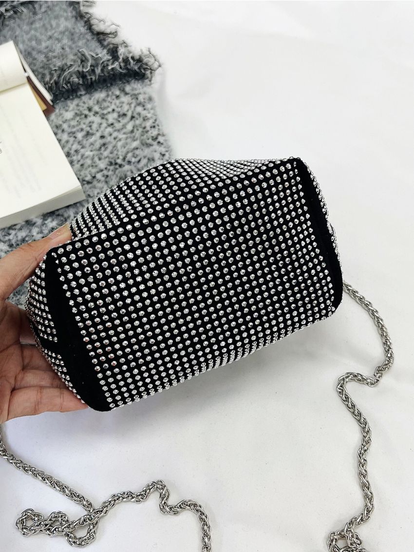 Mini Rhinestone Decor Drawstring Design Chain Bucket Bag