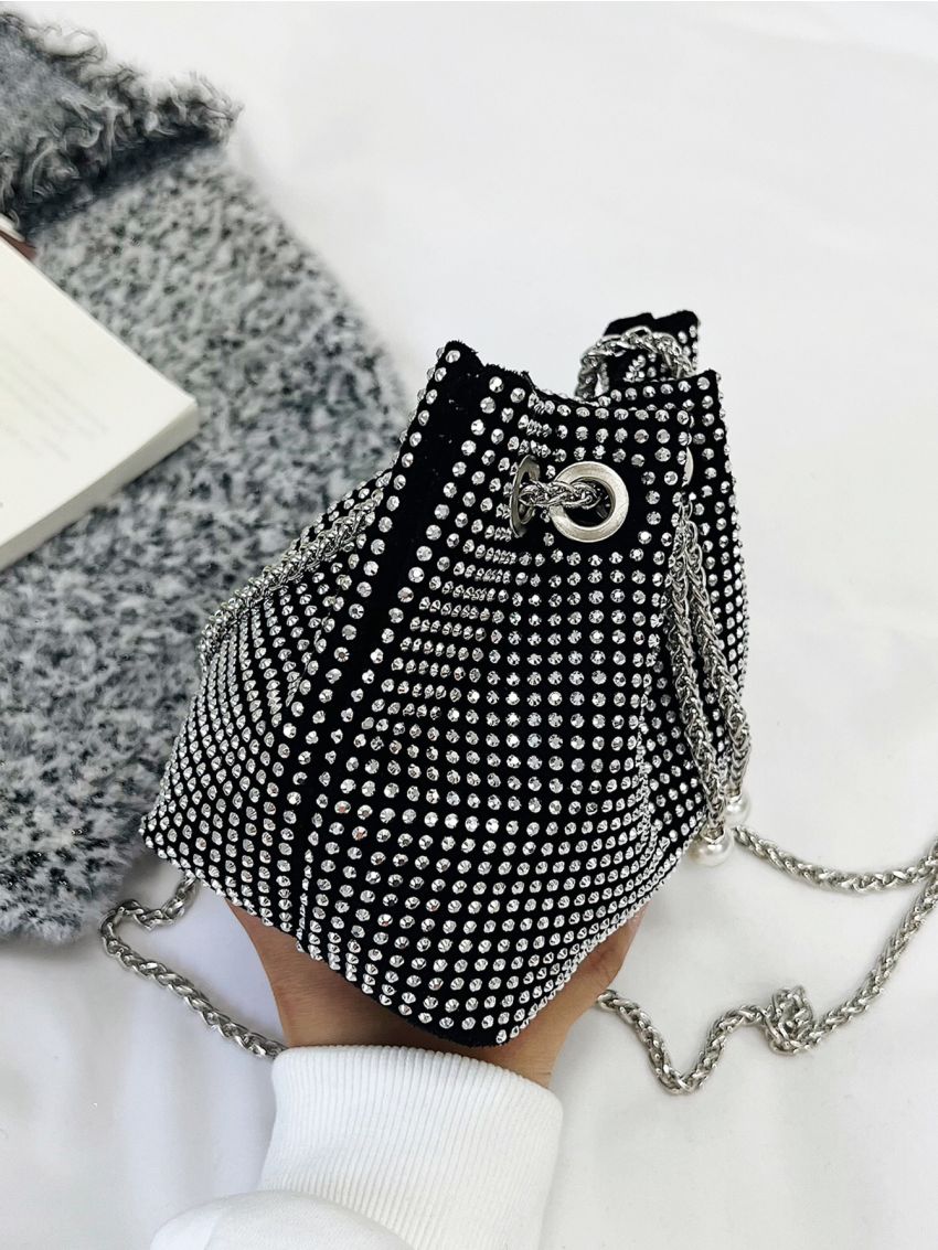 Mini Rhinestone Decor Drawstring Design Chain Bucket Bag
