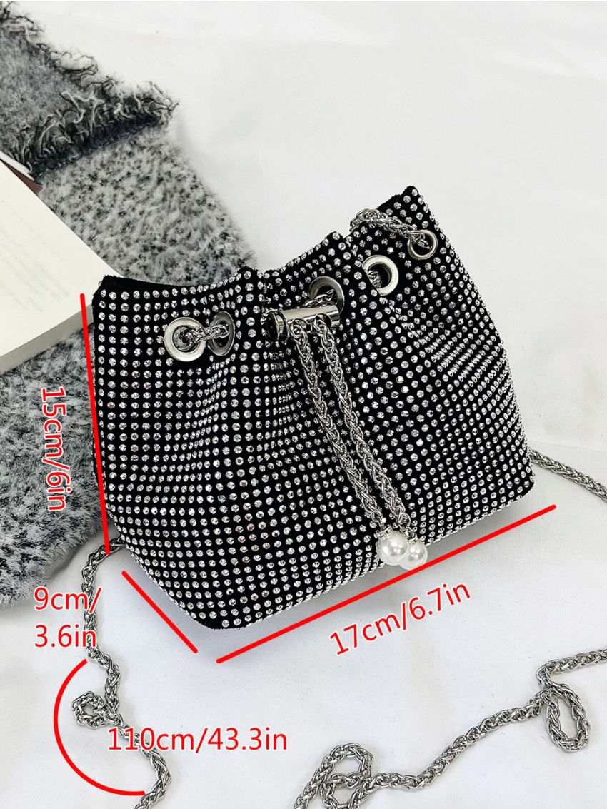 Mini Rhinestone Decor Drawstring Design Chain Bucket Bag