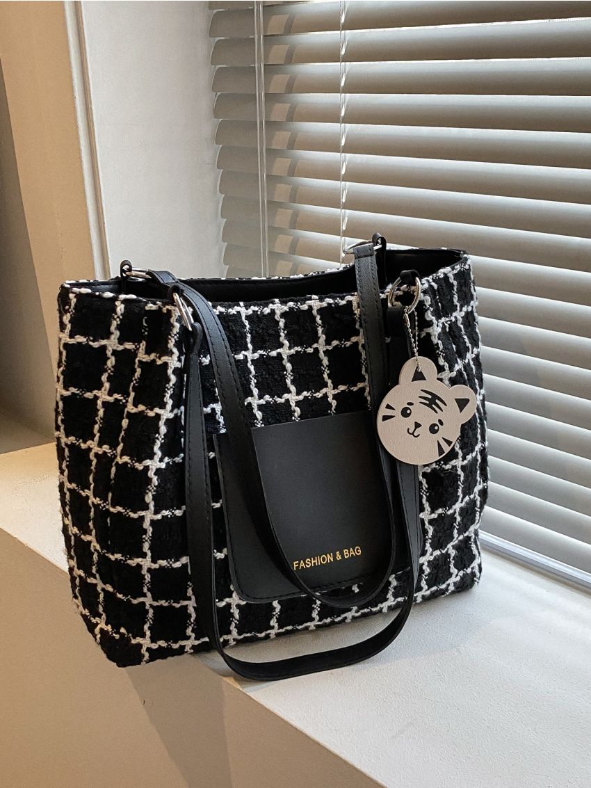 Plaid Pattern Square Bag With Bag Charm