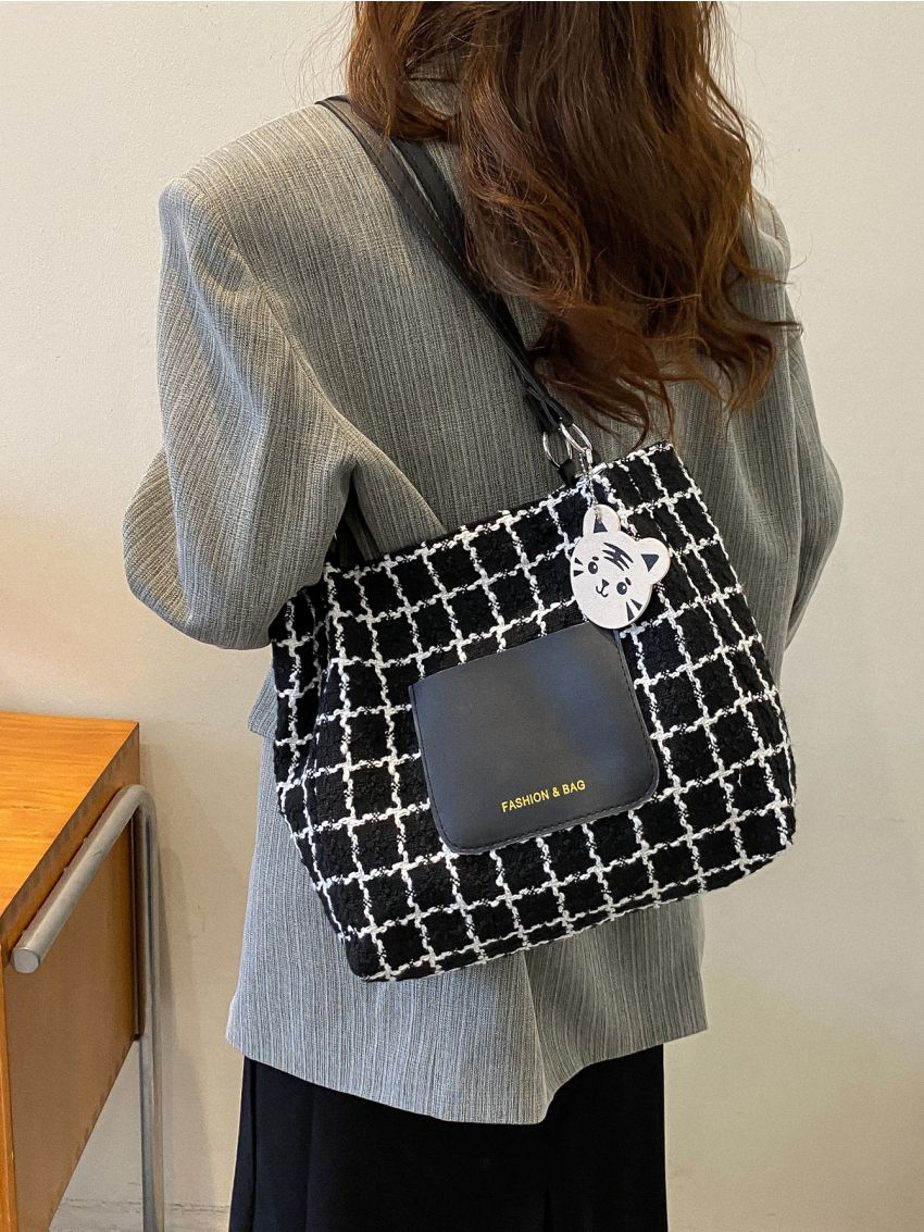 Plaid Pattern Square Bag With Bag Charm
