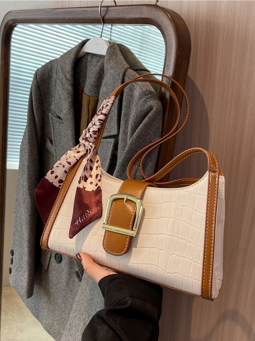 Crocodile Embossed Twilly Scarf Decor Baguette Bag