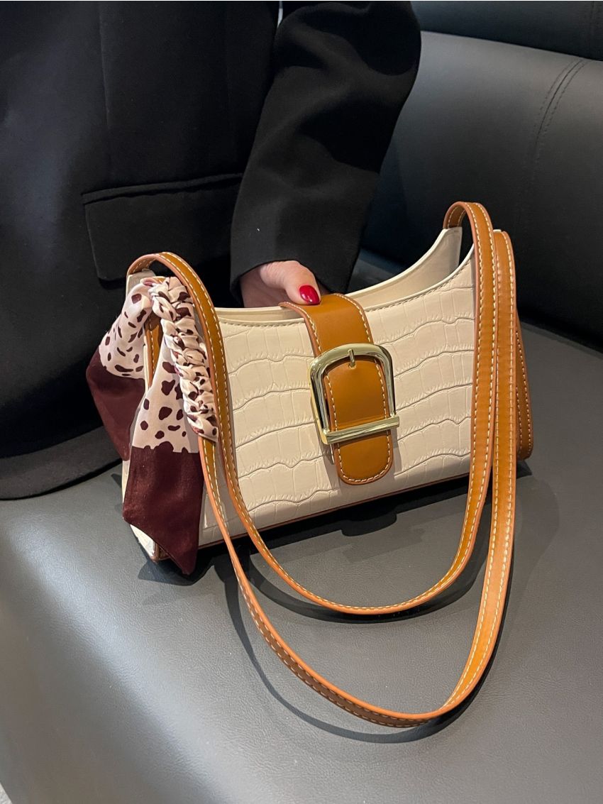 Crocodile Embossed Twilly Scarf Decor Baguette Bag