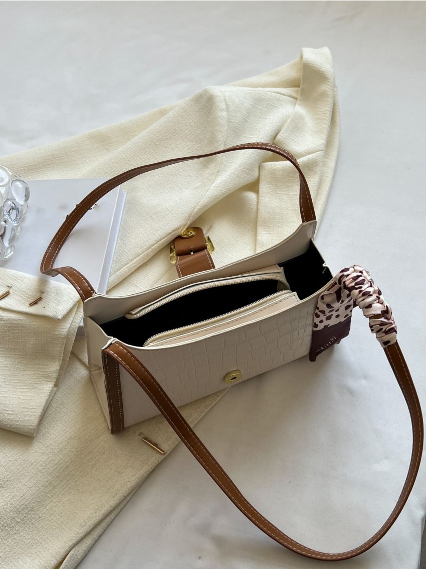 Crocodile Embossed Twilly Scarf Decor Baguette Bag