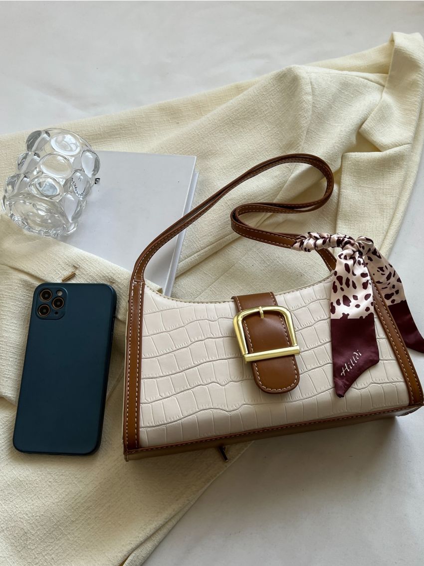 Crocodile Embossed Twilly Scarf Decor Baguette Bag