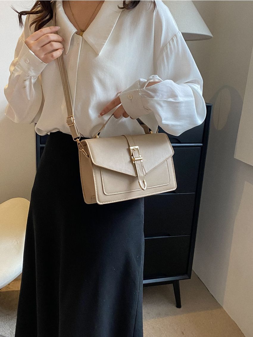 Buckle Decor Square Bag Top Handle Flap Minimalist