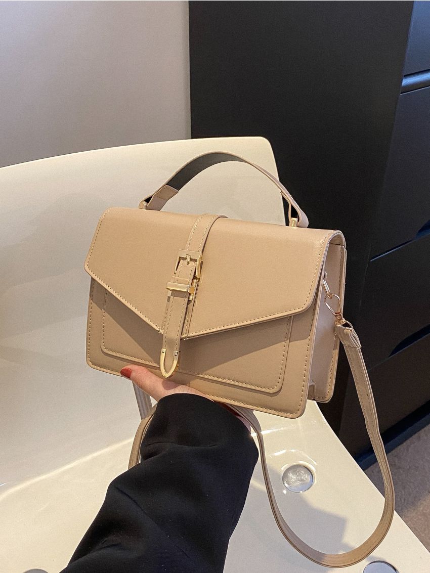 Buckle Decor Square Bag Top Handle Flap Minimalist