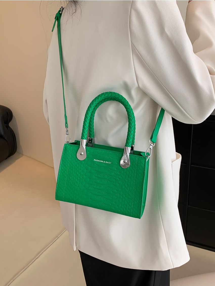 Mini Letter Graphic Snakeskin Embossed Weave Detail Square Bag