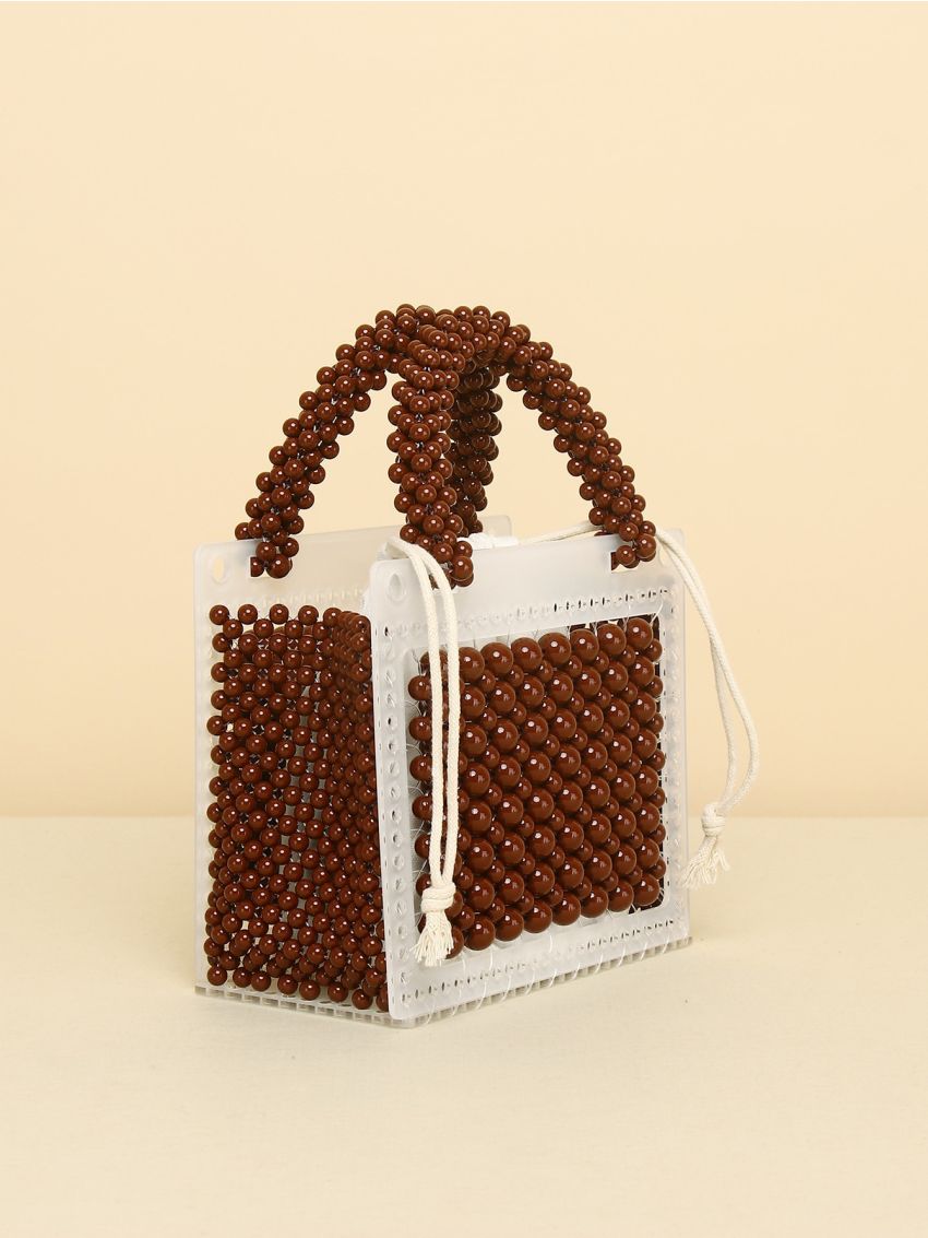 Mini Faux Pearl Beaded Satchel Bag With Drawstring Inner Pouch