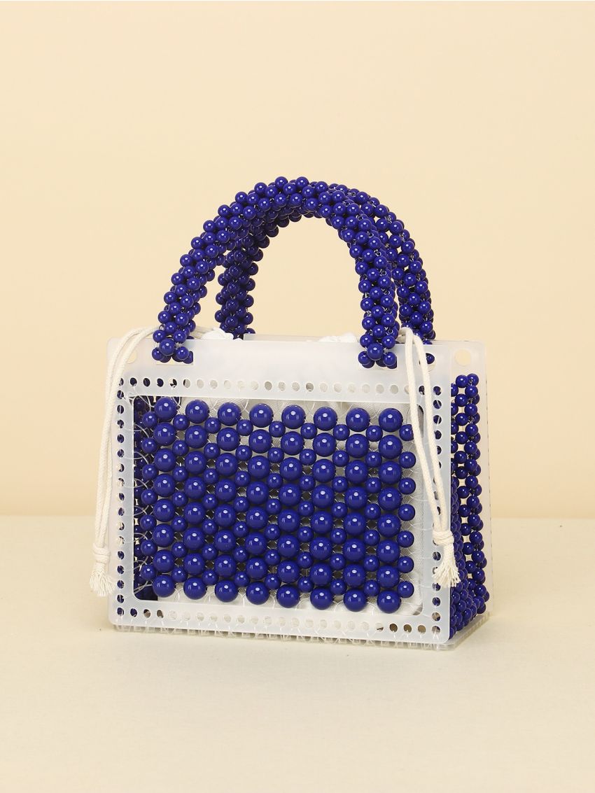 Mini Faux Pearl Beaded Satchel Bag With Drawstring Inner Pouch