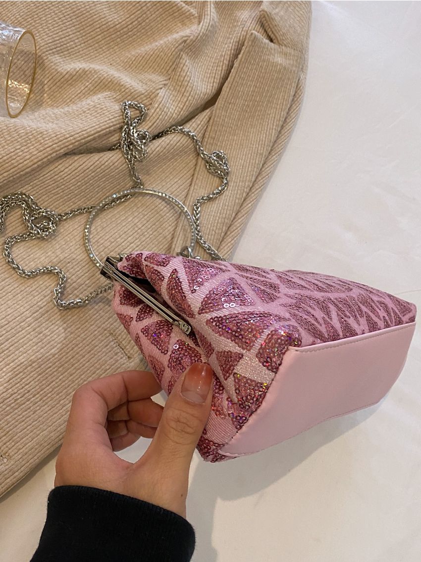 Sequins Detail Ring Decor Kiss Lock Square Bag