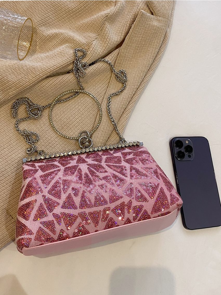 Sequins Detail Ring Decor Kiss Lock Square Bag