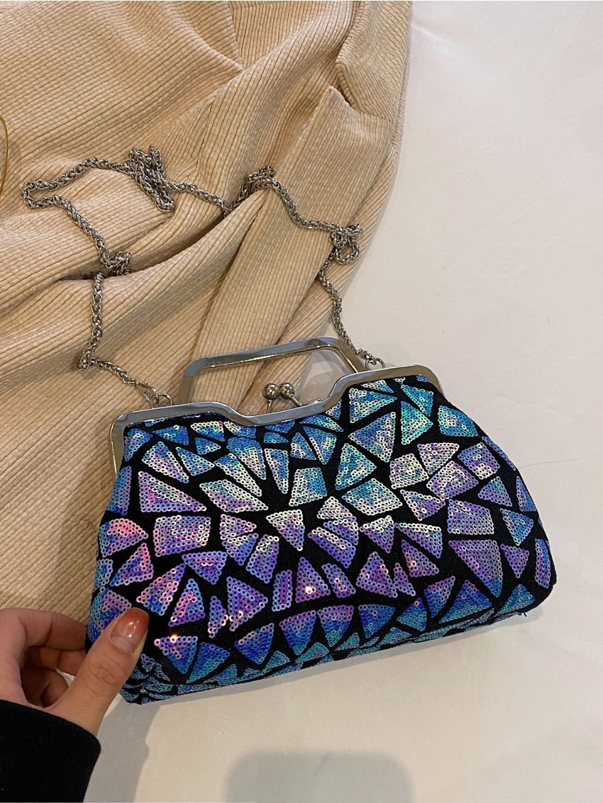 Sequins Detail Kiss Lock Square Bag, Clear Bag