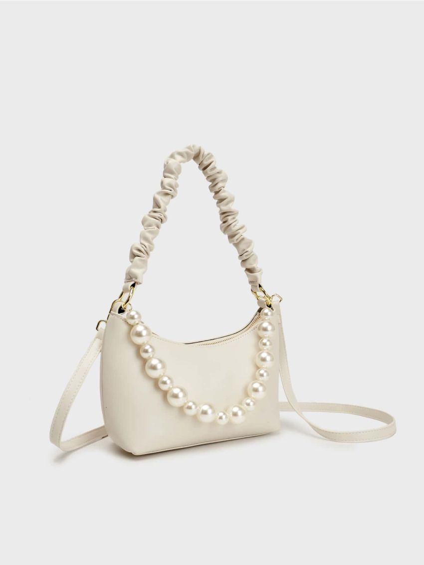 Faux Pearl Decor Ruched Detail Hobo Bag