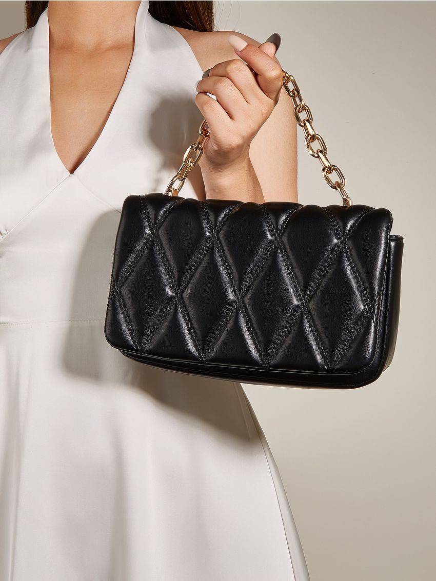 Minimalist Quilted Chain Flap Square Bag