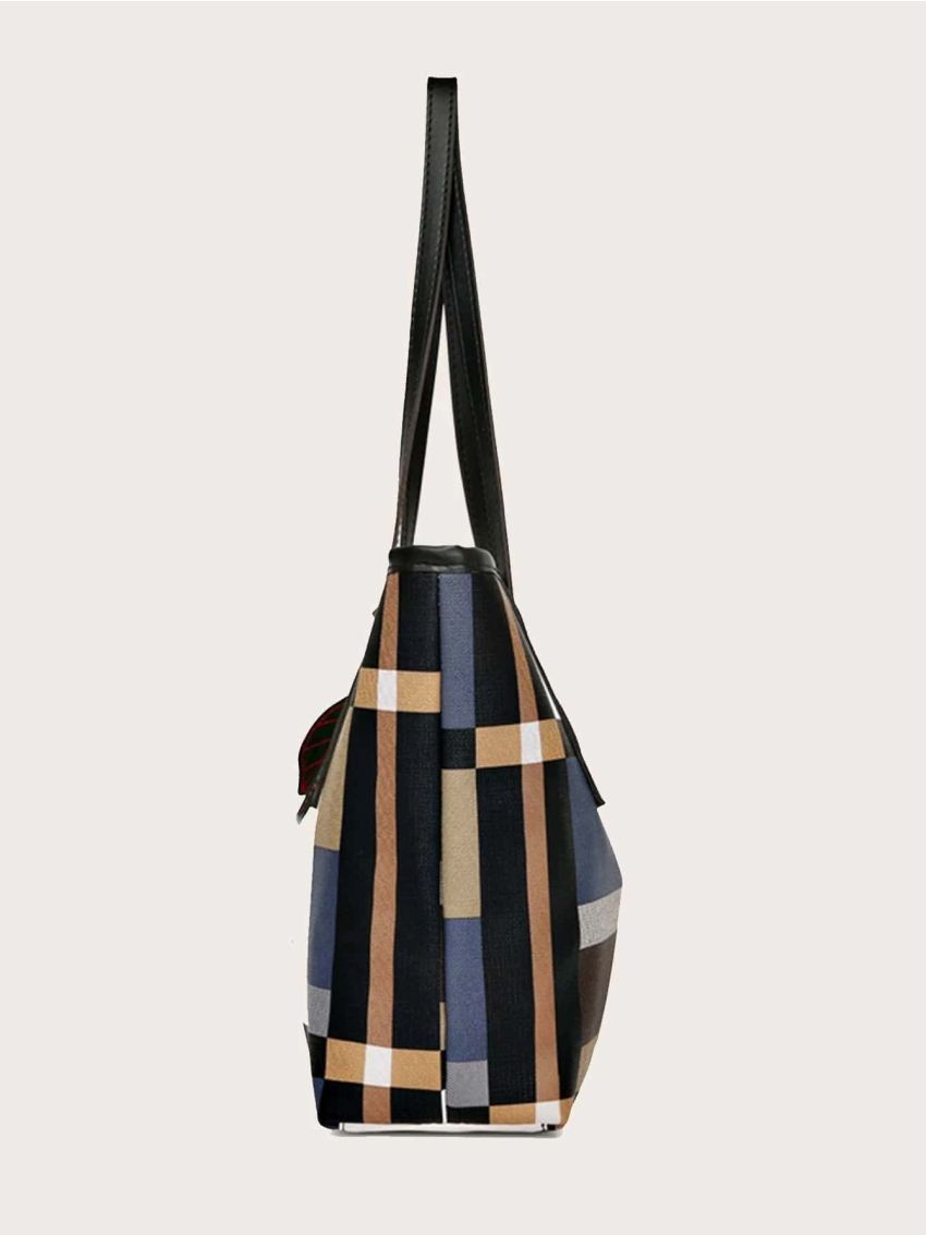 Plaid Pattern Shoulder Tote Bag With Bag Charm