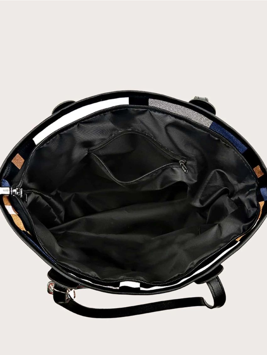 Plaid Pattern Shoulder Tote Bag With Bag Charm