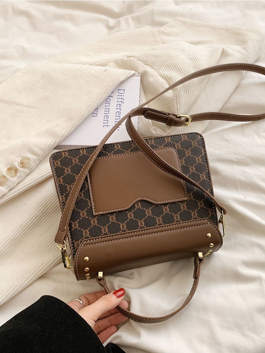 Geometric Pattern Studded Decor Flap Square Bag