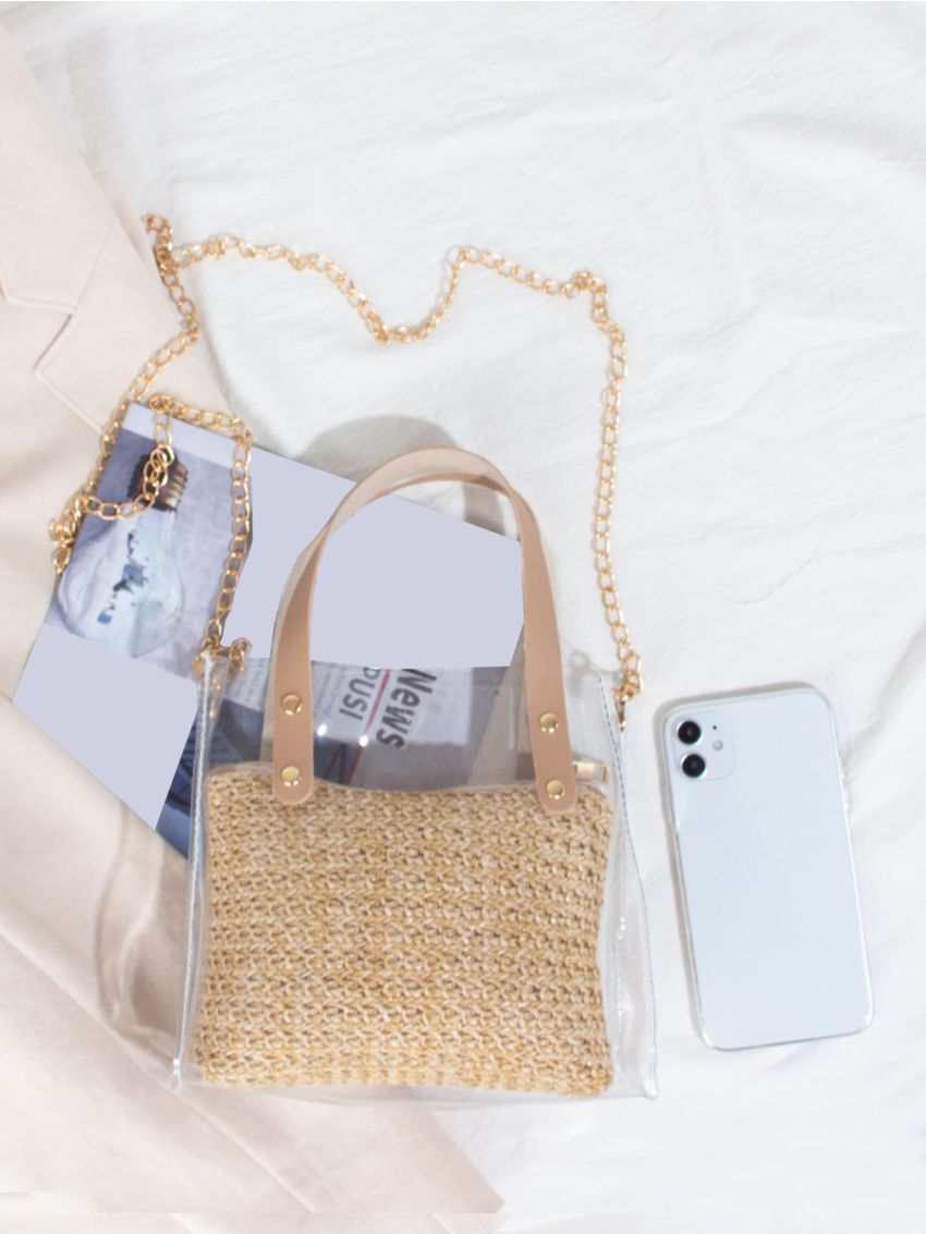 Clear PVC Square Bag Chain Strap With Straw Inner Pouch For Vacation