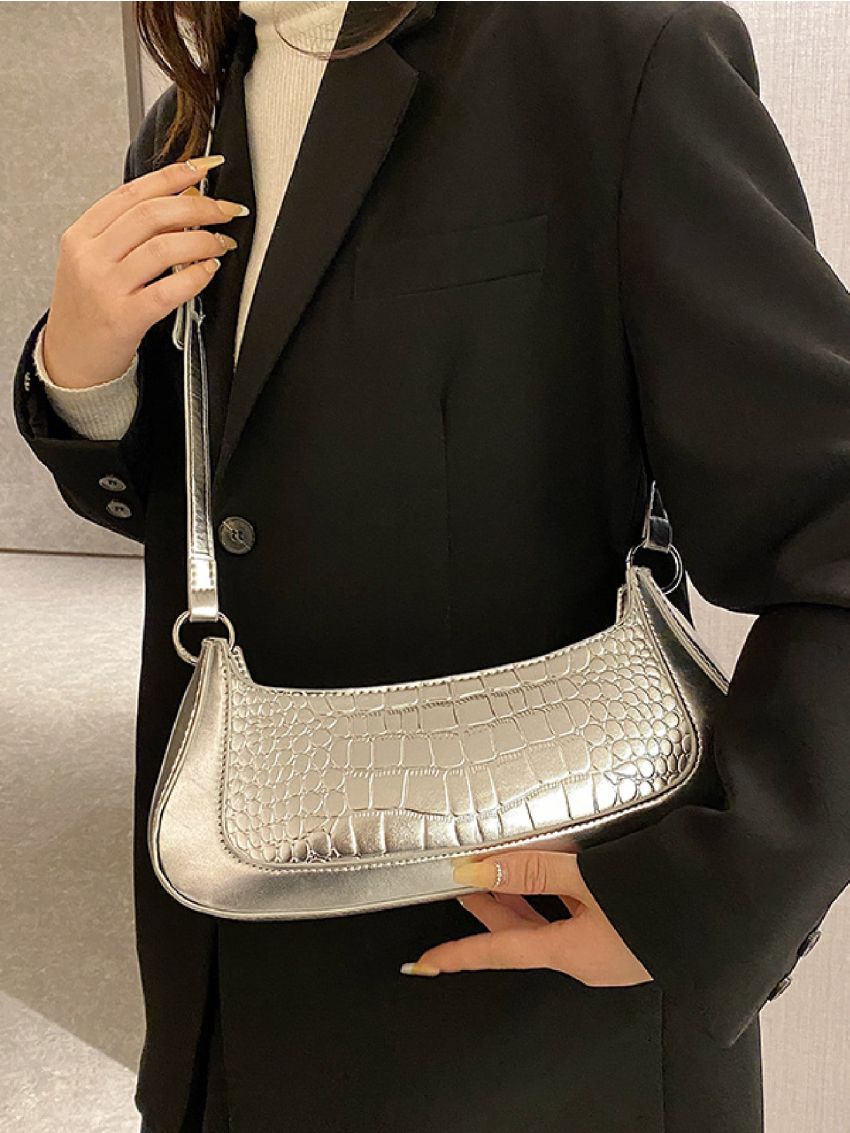 Metallic Crocodile Embossed Baguette Bag