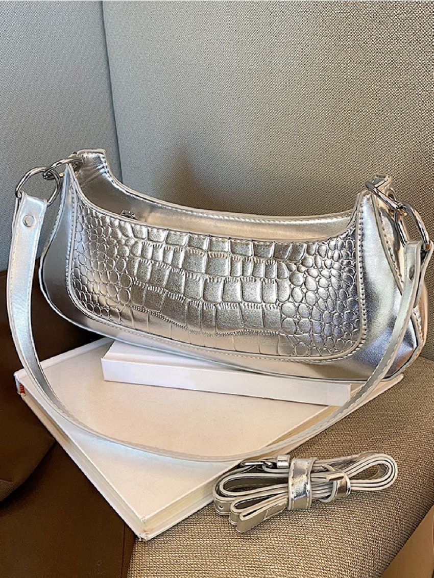 Metallic Crocodile Embossed Baguette Bag