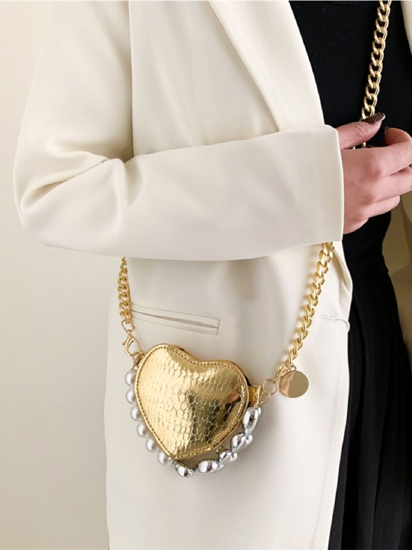 Mini Metallic Bead Decor Heart Design Novelty Bag