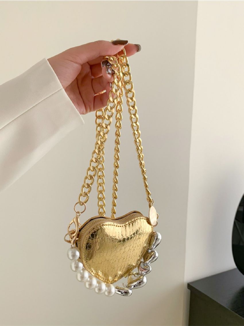Mini Metallic Bead Decor Heart Design Novelty Bag