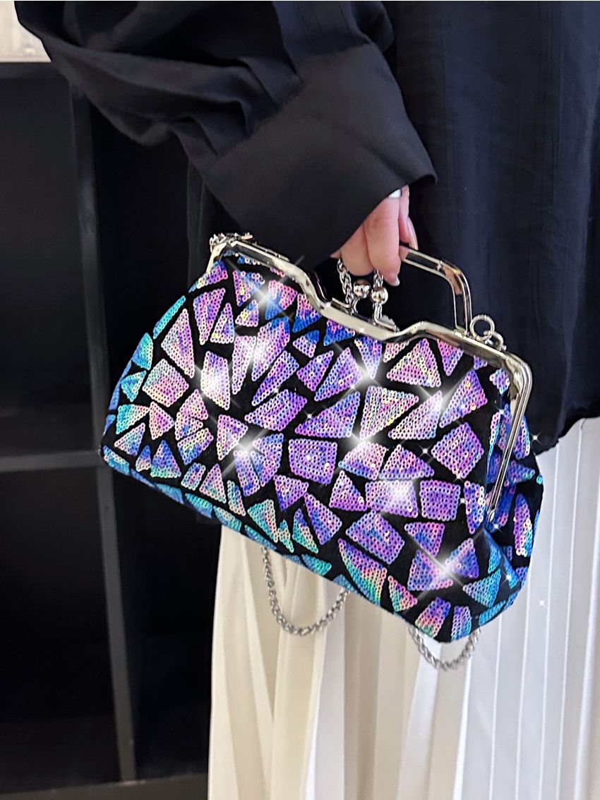 Colorblock Sequin & Rhinestone Decor Square Bag