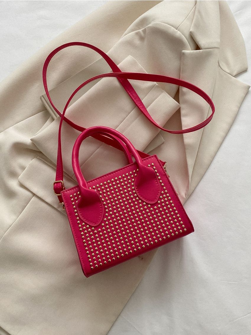 Mini Neon Pink Studded Decor Square Bag