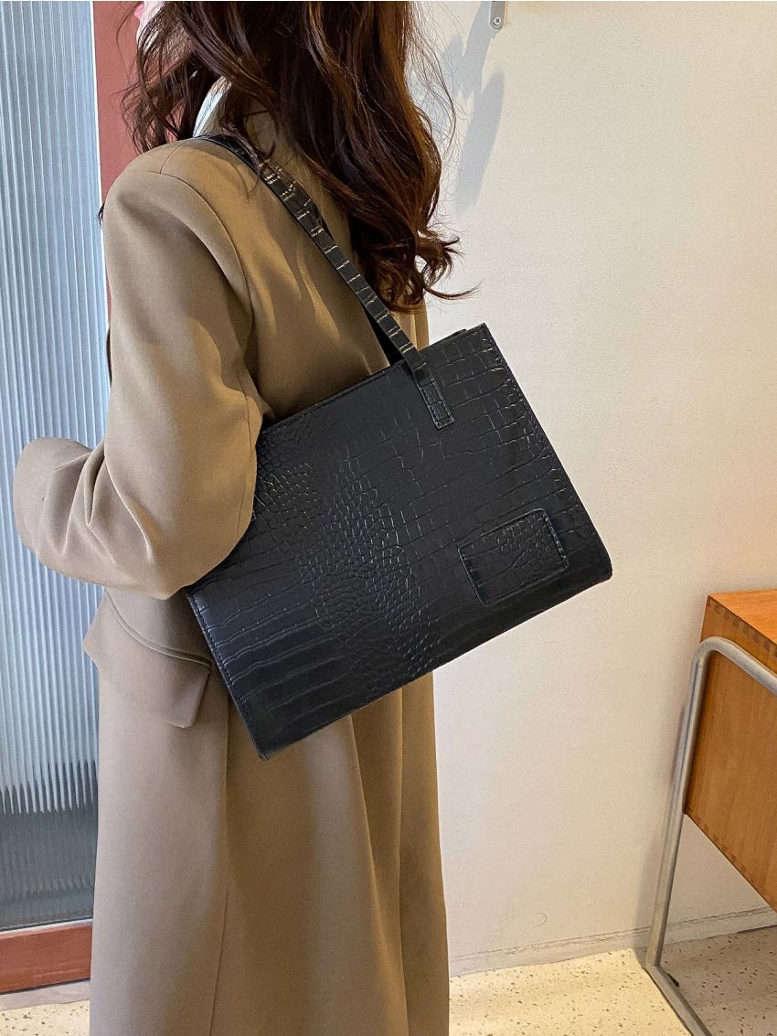Crocodile Embossed Shoulder Tote Bag