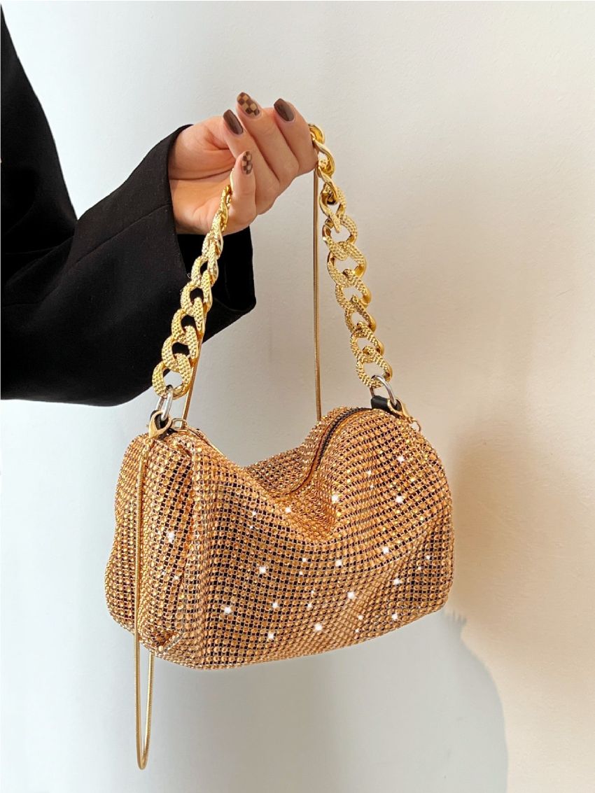 Mini Rhinestone Decor Chain Glitter Hobo Bag