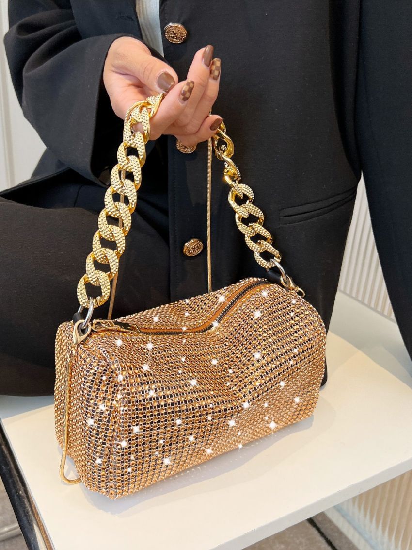 Mini Rhinestone Decor Chain Glitter Hobo Bag